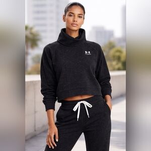 Under Armour XL Rival Fleece Wrap Neck Pullover Black Speckled Loose Fit Cropped